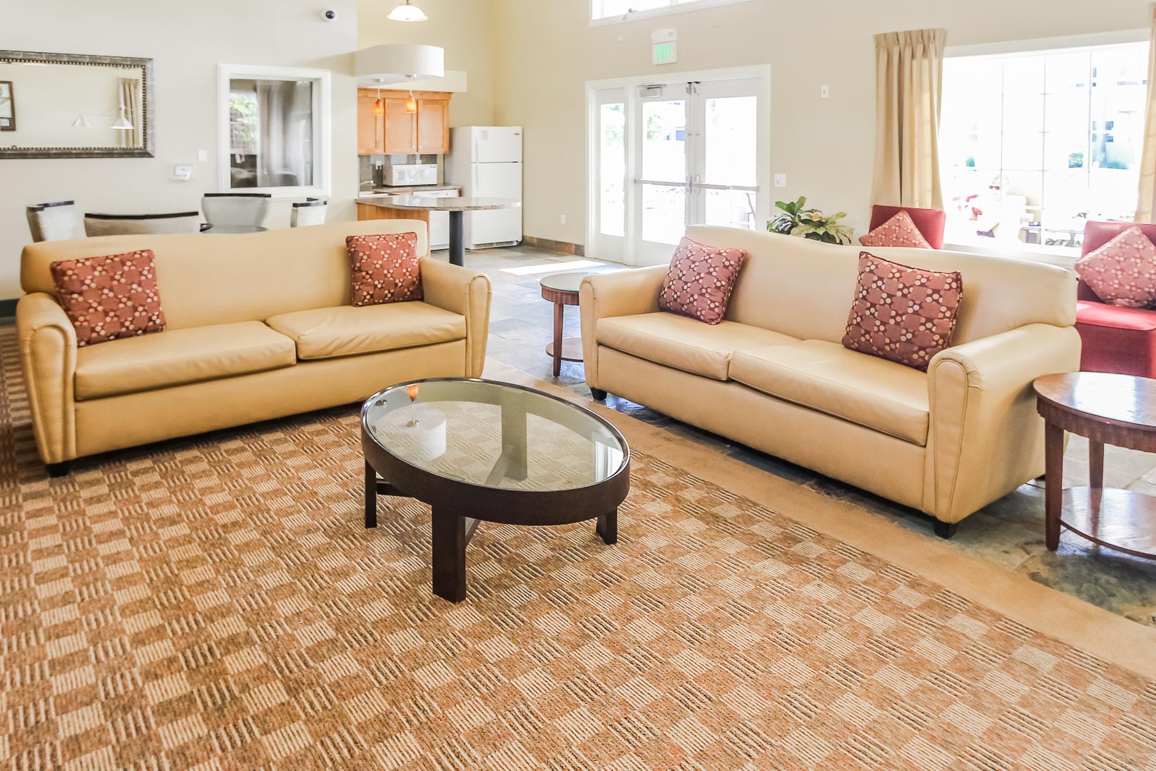 A community kitchen and living room area at VRI's Winner Circle Resort in California.